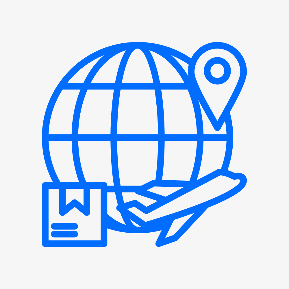Blue icon of a globe with a map pin and airplane on a white background